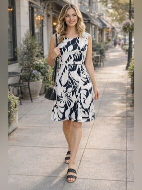 Ann Taylor Navy & White Palm Print Dress Sz 16 Resort Vacation Wedding Guest